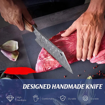 Hand-Forged Japanese Chef's Knife – ATS-34 High Carbon Steel Meat Cleaver with Faux Leather Sheath