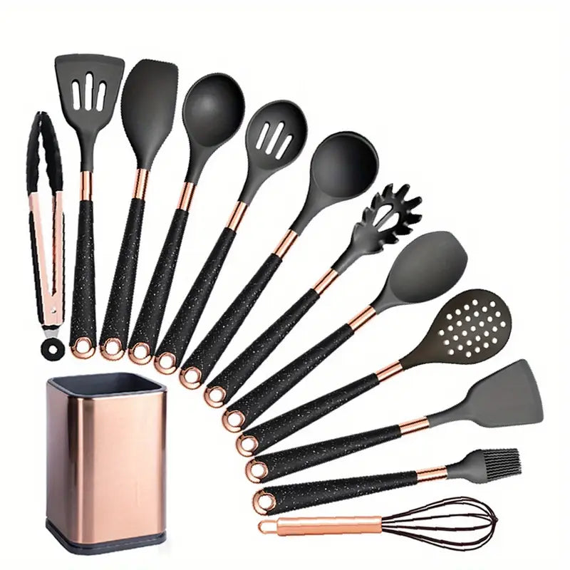 6-13pcs Silicone Utensil Set with Gold-Plated Handles - Non-Stick Heat-Resistant Cooking Tools