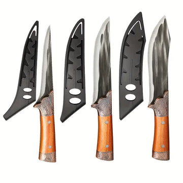 3-Piece Stainless Steel Kitchen Knife Set – Boning Knife, Fillet Knife and Meat Cleaver for Meat and Fish Preparation