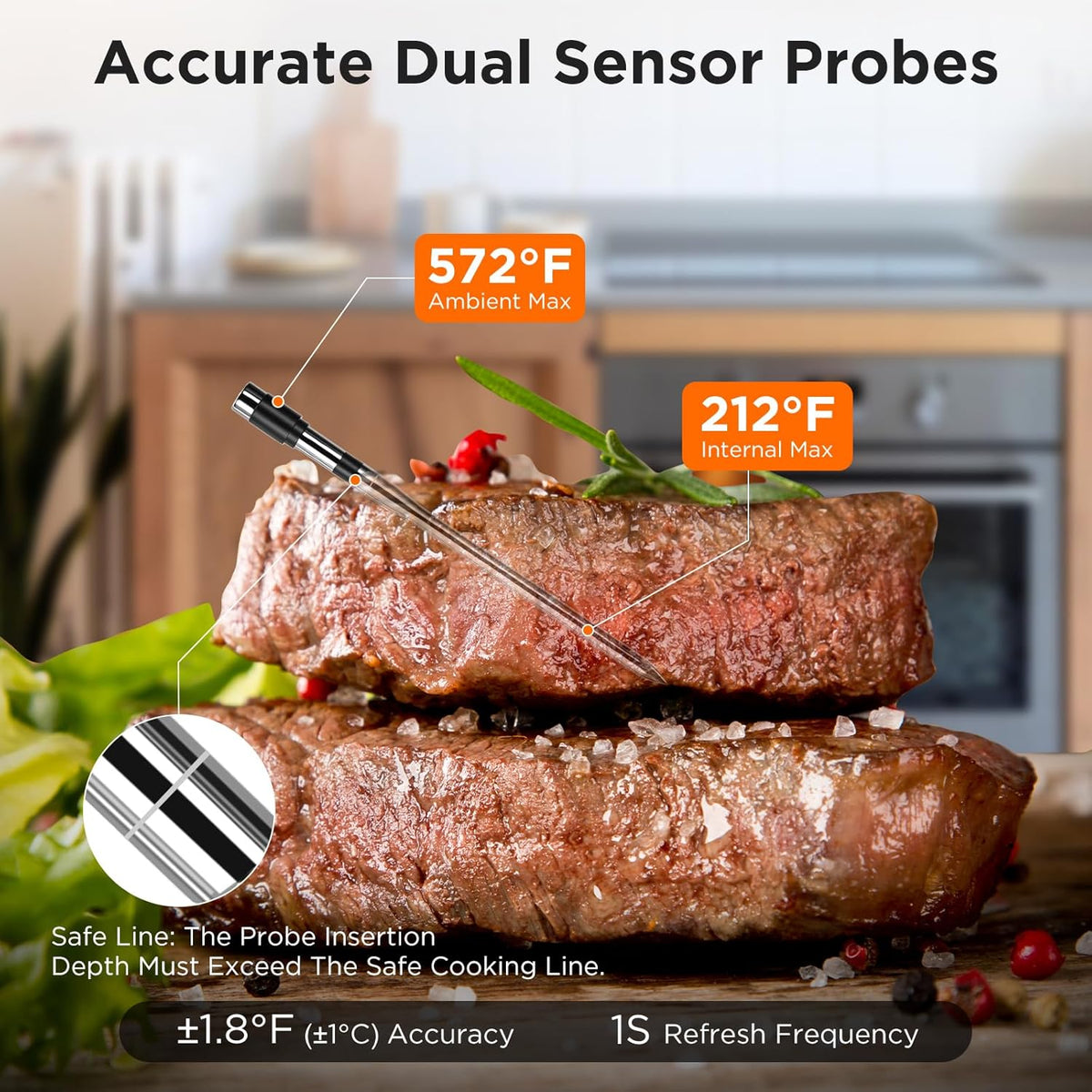 : Dual probe cooking thermometer for meat and ambient temperature