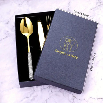 Luxury Diamond-Studded 304 Stainless Steel Cutlery Set with Mirror Finish - Elegant Dining Utensils Gift Box for Christmas