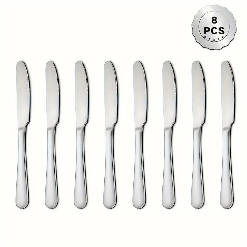 8pcs Silvery Stainless Steel Dinner Knife Set – Mirror Polished, Heavy Duty, Dishwasher Safe