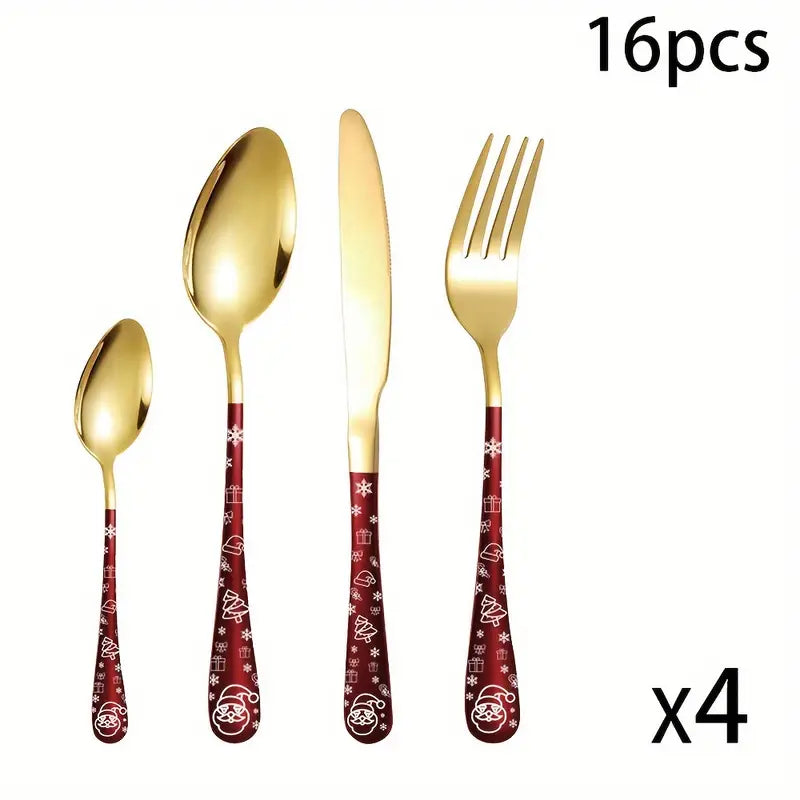 16/20/24pcs Christmas Cutlery Set – Stainless Steel Flatware with Santa & Snowflake Design – Mirror Polished Silverware for Holiday Dining & Festive Tableware Gift Set