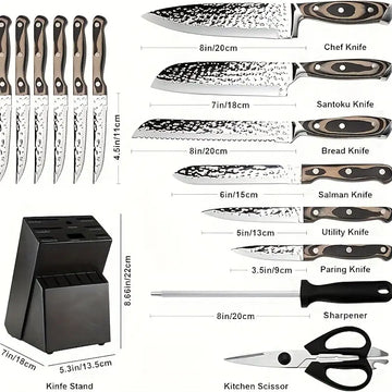 15-Piece Chef Knife Set with Wooden Block – Self-Sharpening Hammered Stainless Steel Knives