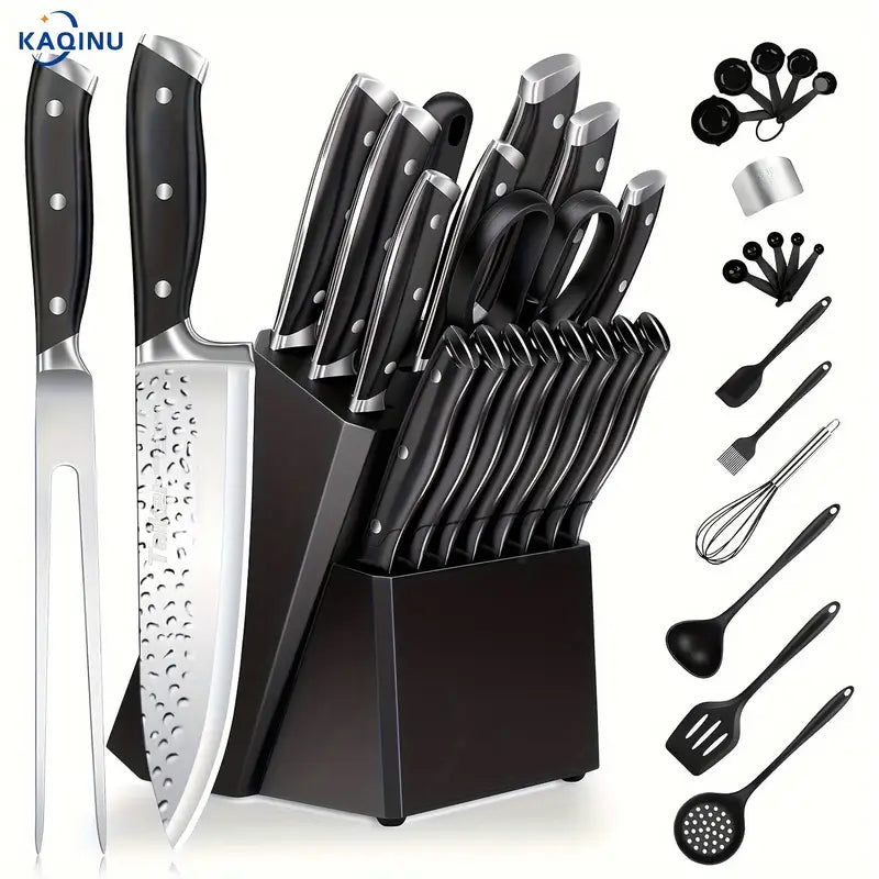 35-Piece High Carbon Stainless Steel Knife Set with Block & Silicone Utensils, Includes Sharpener Rod & Scissors
