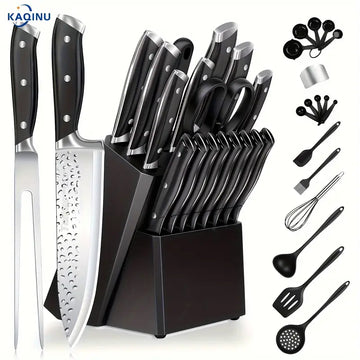 35-Piece High Carbon Stainless Steel Knife Set with Block & Silicone Utensils, Includes Sharpener Rod & Scissors