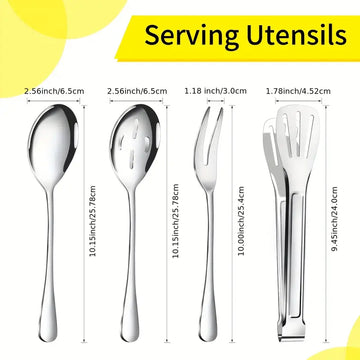 8pcs Stainless Steel Serving Utensils Set – Slotted Spoons, Forks, Tongs, Soup Ladle for Buffets, Gatherings, and Hotel Service