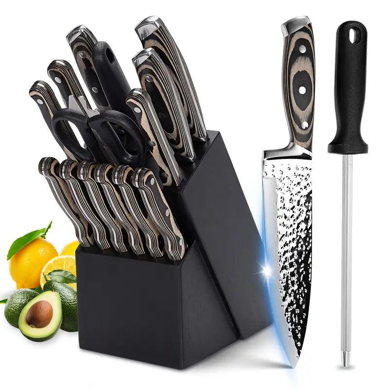 15-Piece Chef Knife Set with Wooden Block – Self-Sharpening Hammered Stainless Steel Knives