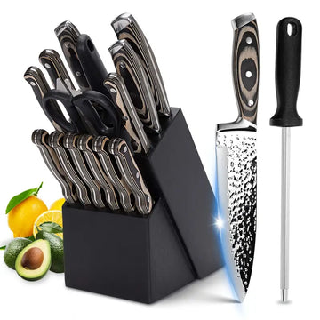 15-Piece Chef Knife Set with Wooden Block – Self-Sharpening Hammered Stainless Steel Knives