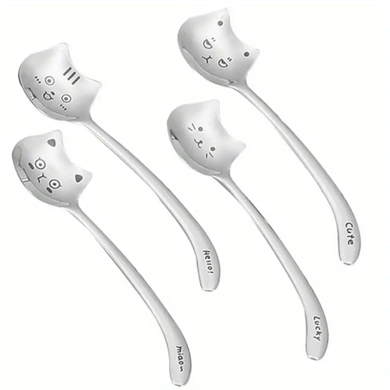 4-Piece 304 Stainless Steel Creative Cartoon Dessert Spoon - Long Tail Cat Design