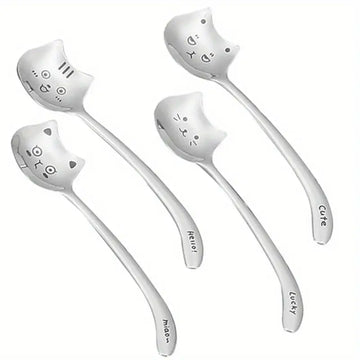 4-Piece 304 Stainless Steel Creative Cartoon Dessert Spoon - Long Tail Cat Design