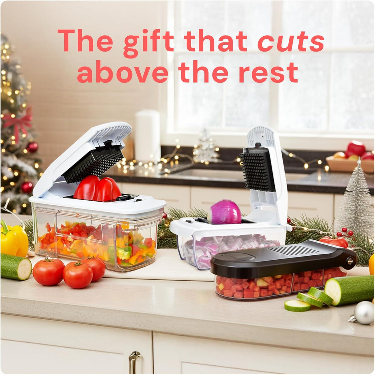 4-in-1 Stainless Steel Vegetable Chopper and Spiralizer with Container – Multifunction Food Cutter and Slicer for Fruits and Vegetables