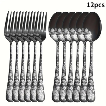 12-Piece Stainless Steel Fork & Spoon Set – Laser Printed Dinnerware for Kitchen, Dining, & Special Occasions