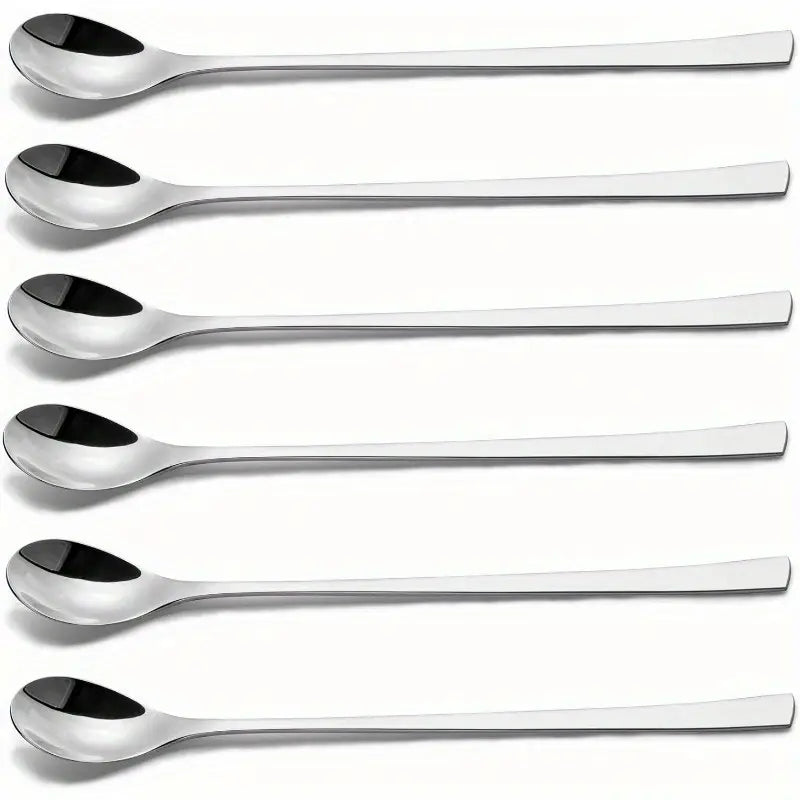 Set of 6 Long Handle Stainless Steel Iced Tea & Ice Cream Spoons – 9 Inch Cocktail Bar Teaspoons