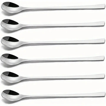 Set of 6 Long Handle Stainless Steel Iced Tea & Ice Cream Spoons – 9 Inch Cocktail Bar Teaspoons