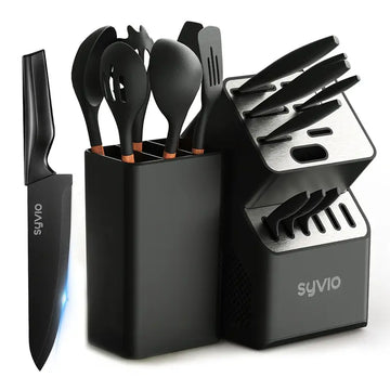 14-Piece Stainless Steel Kitchen Knife Set with Block, Sharpener, Poultry Shears, and Serrated Steak Knives - Self-Sharpening, Dishwasher Safe