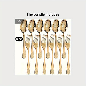 12pcs Stainless Steel Cutlery Set - 6 Forks & 6 Spoons, Embossed Design, Dishwasher Safe for Home & Restaurant Use