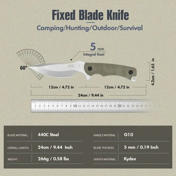 KHU Fixed Blade Hunting Knife with G10 Handle & Kydex Sheath – Outdoor Survival Camping Gear