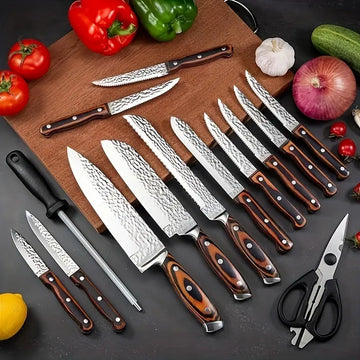 15-Piece Elegant Kitchen Knife Set with Block & Sharpener – Hammered Carbon Stainless Steel, Wooden Handles