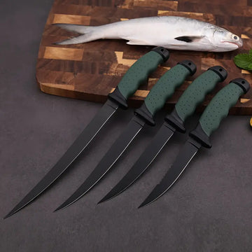 4-Piece Fish Fillet Knife Set with Sheath – Non-Stick Stainless Steel Blades & Soft Grip Handles