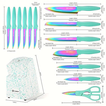 14pcs Rainbow Stainless Steel Kitchen Knife Set – High-Carbon Titanium-Coated Blades with Wooden Stand & Kitchen Scissors | Rust-Resistant, Super Sharp Cutlery for Home & Restaurant