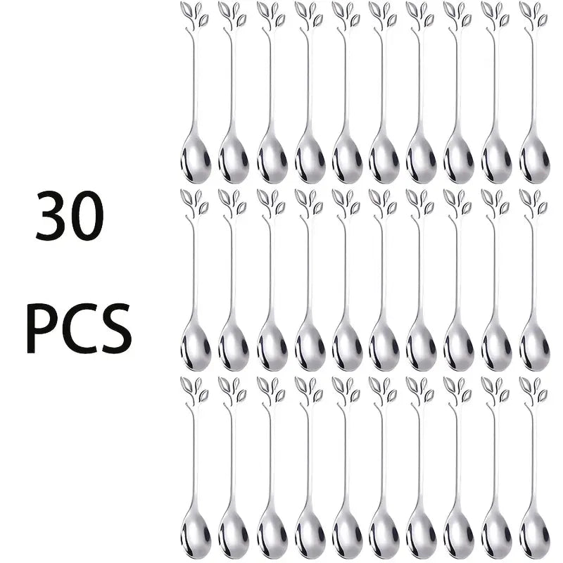 30pcs Stainless Steel Leaf Design Coffee & Tea Spoon Set – Mini Dessert Spoons for Espresso, Ice Cream & Kitchen Use