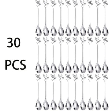 30pcs Stainless Steel Leaf Design Coffee & Tea Spoon Set – Mini Dessert Spoons for Espresso, Ice Cream & Kitchen Use