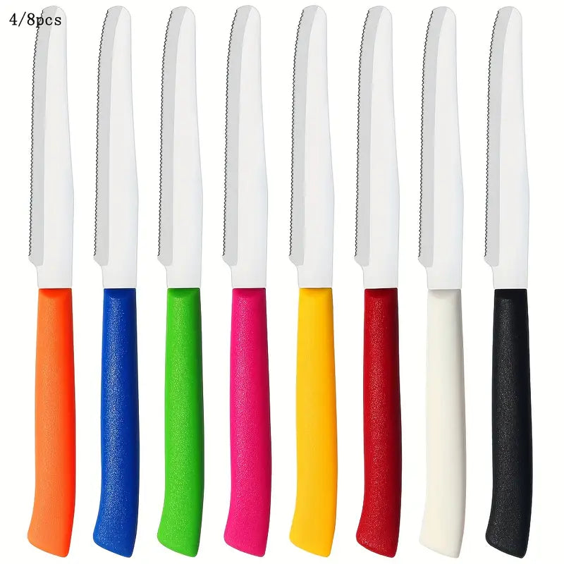 4/8pcs Multi-Color Knife Set – Steak, Tomato, Bread & Kitchen Knives, Sharp Serrated Stainless Steel, Dishwasher Safe