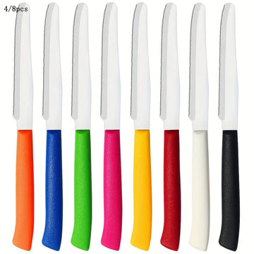 4/8pcs Multi-Color Knife Set – Steak, Tomato, Bread & Kitchen Knives, Sharp Serrated Stainless Steel, Dishwasher Safe