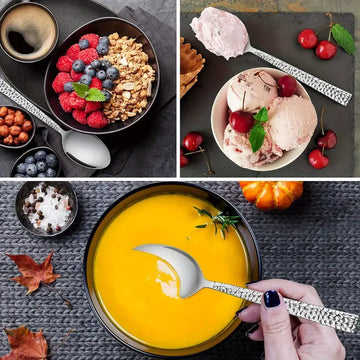 Premium Stainless Steel Soup Spoons Set of 12 - 7.9 Inch Hammered Tablespoons, Mirror Polished, Dishwasher Safe, Elegant Squared Edge for Home & Restaurant