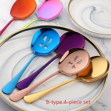 4-Piece Colorful Stainless Steel Tableware Set – Spoon, Strainer, Drain Scoop – Practical & Dishwasher Safe