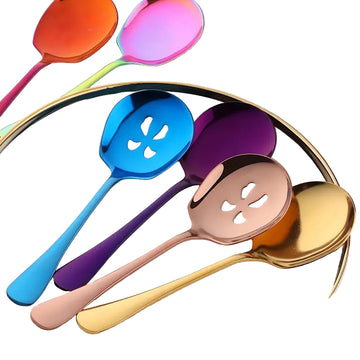 4-Piece Colorful Stainless Steel Tableware Set – Spoon, Strainer, Drain Scoop – Practical & Dishwasher Safe