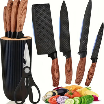 1pc/6pcs Kitchen Knife Set – Chef, Slicing, Scraper Knives & Scissors | Sharp Stainless Steel Blades with Ergonomic Wooden Handles, Gift Box Included