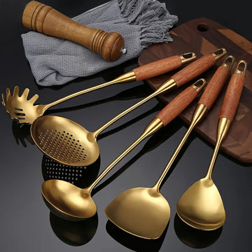 6-Piece Luxury Golden Stainless Steel Kitchen Utensil Set – Spatula, Ladle, Turner & More – Premium Cooking & Baking Tools