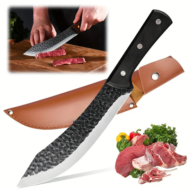 8" Chef Cleaver Knife – Hand-Forged Stainless Steel with Wood Handle & Sheath
