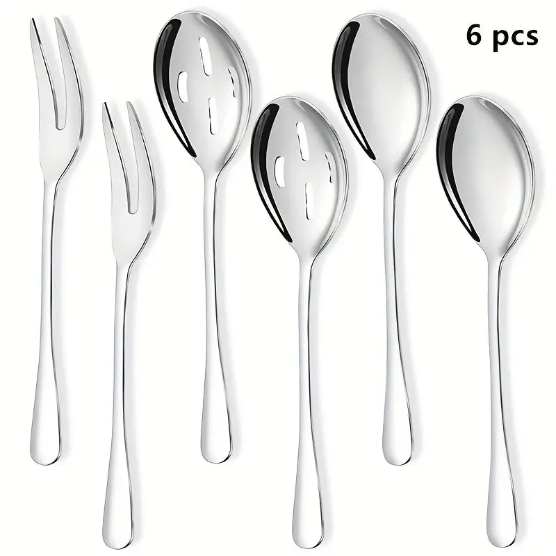6-Piece Stainless Steel Serving Set - 2 Serving Spoons, 2 Slotted Serving Spoons, 2 Serving Forks - Perfect for Parties, Buffets, and Kitchens