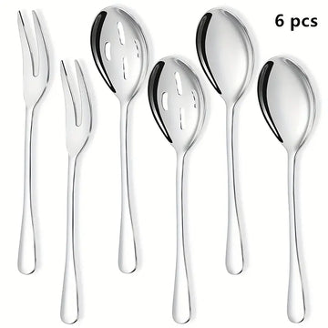 6-Piece Stainless Steel Serving Set - 2 Serving Spoons, 2 Slotted Serving Spoons, 2 Serving Forks - Perfect for Parties, Buffets, and Kitchens