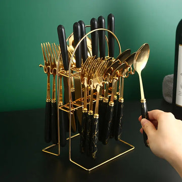 24pcs Stainless Steel Cutlery Set with Steak Knives & Storage Rack – Elegant Nordic Design in Multiple Colors – Premium 304 Stainless Steel – Ideal Gift Set for Home & Hotel Dining