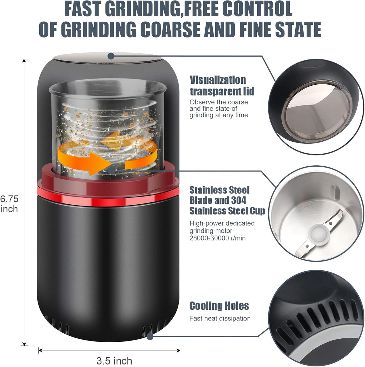 Electric Spice Grinder Stainless Steel, Powerful Coffee and Nut Grinder with Large Capacity, One-Button Operation, Fine to Coarse Grinding