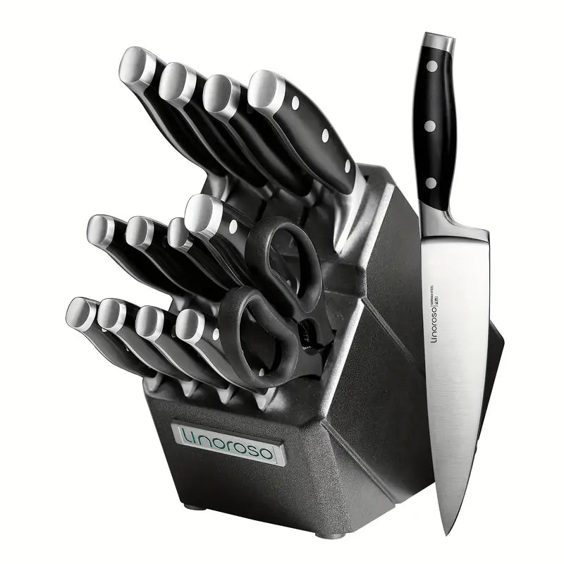 Linoroso 14-Piece German Stainless Steel Knife Set with Wooden Block & Scissors – Classic Series