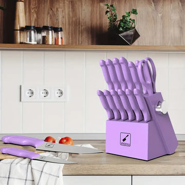 Marku 14-Piece Professional Kitchen Knife Set with Built-In Sharpener, Purple - Stainless Steel, Non-Slip Ergonomic Handles, Dishwasher Safe
