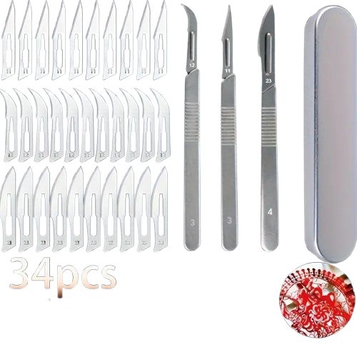 34pcs Precision Carving Knife Set with Iron Storage Box – 3 Handles & 30 Carbon Steel Blades (#11 Pointed, #12 Crescent, #23 Round Head) for DIY, Crafts, Plant Grafting, Clay Modeling & Plastic Trimming