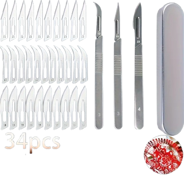 34pcs Precision Carving Knife Set with Iron Storage Box – 3 Handles & 30 Carbon Steel Blades (#11 Pointed, #12 Crescent, #23 Round Head) for DIY, Crafts, Plant Grafting, Clay Modeling & Plastic Trimming