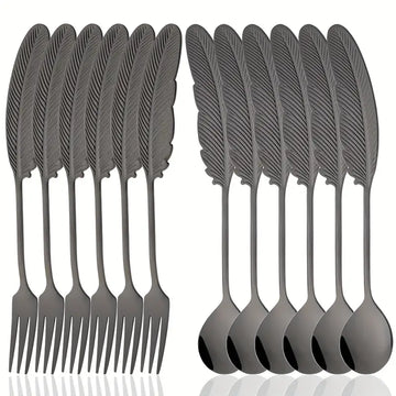Premium 12pcs Feather-Shaped Stainless Steel Cutlery Set - Cake Forks, Dessert Spoons, Fruit & Cheese Forks, Stirring Spoons for Kitchen, Parties & Gifts
