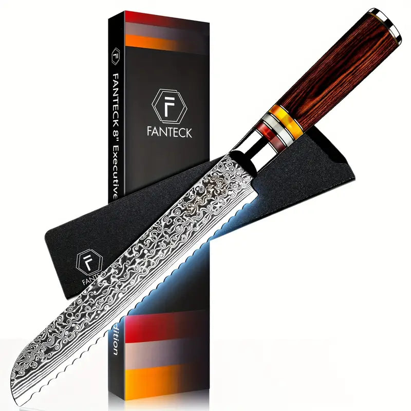 8 Inch VG10 Damascus Bread Knife – 67-Layer High Carbon Steel with Pakkawood Handle & Gift Box