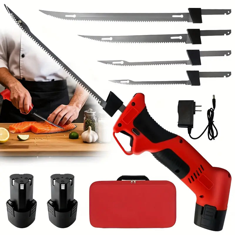 Cordless Electric Fish Fillet Knife with 4 Ti-Nitride Blades, 2 Batteries, Safety Lock & Non-Slip Handle