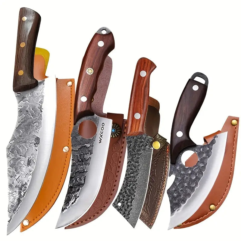 WAKOOKA 3-Piece Chef Knife Set – Japanese Steel with Hammered Blades & Wooden Handles