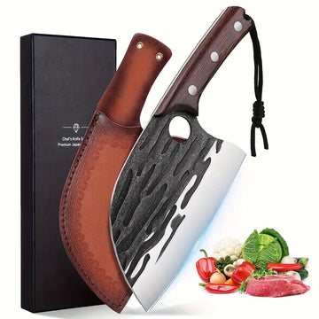 Upgraded Serbian Chef Knife – Hand-Forged Meat Cleaver with Sheath, Full Tang for Kitchen & Outdoor Cooking