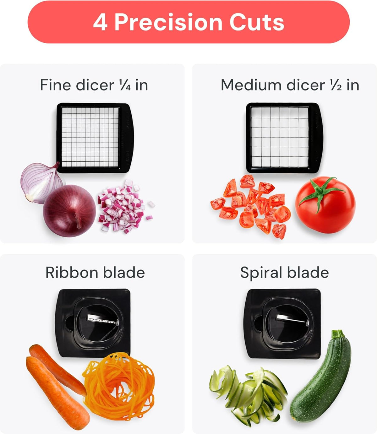4-in-1 Stainless Steel Vegetable Chopper and Spiralizer with Container – Multifunction Food Cutter and Slicer for Fruits and Vegetables