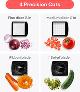 4-in-1 Stainless Steel Vegetable Chopper and Spiralizer with Container – Multifunction Food Cutter and Slicer for Fruits and Vegetables